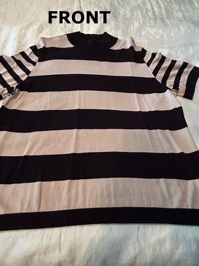 PULLOVER, RIBBED MOCK NECK, BEIGE & BLACK STRIPE, SIZE 2X, RAYON BLEND, STRETCHY